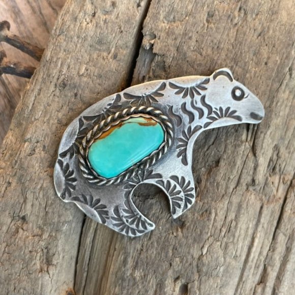 Signed AJC Native American Navajo Sterling Silver Turquoise Bear Pin - Picture 13 of 14